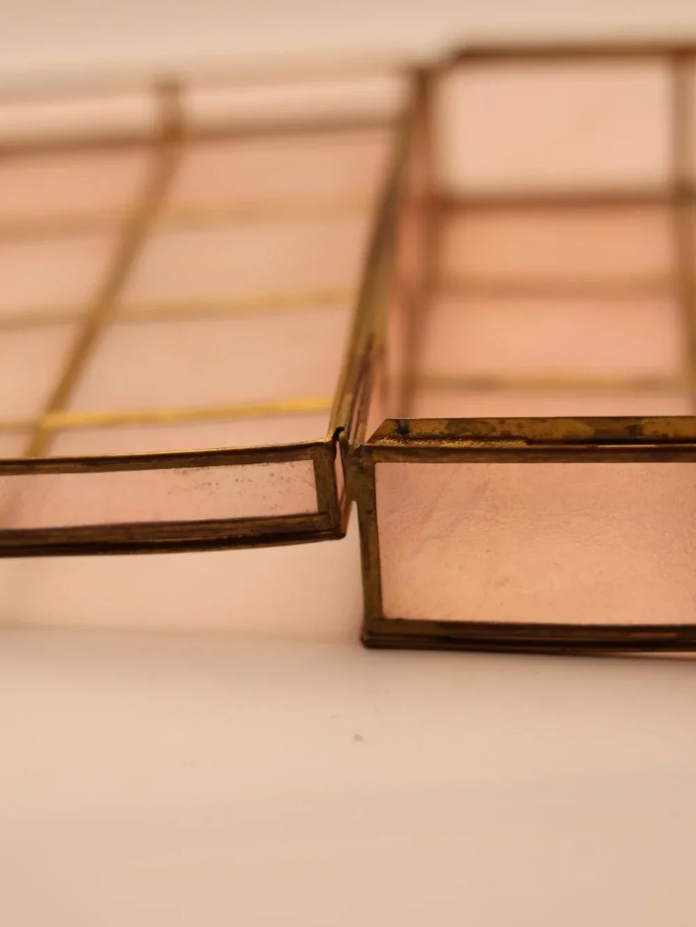 Vintage Pink Capiz Shell & Brass Framed Jewelry Box / Trinket Case